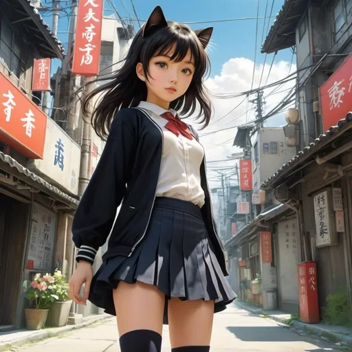 Prompt: Kenji Tsuruta, Lily Hoshino, Surreal, mysterious, strange, fantastical, fantasy, Sci-fi, Japanese anime, street corner at the end of the world, from here on out is another world, miniskirt beautiful girl on the border, perfect voluminous body, sphere and cat, detailed masterpiece 
