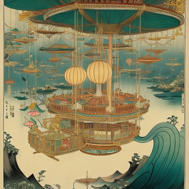 Prompt: Ukiyo-e style　Leonora Carrington, Maurice Sendak, Kay Nielsen Anime　surreal　wondrous　strange　Whimsical　absurderes　fanciful　Sci-Fi Fantasy　Night Ferris wheel