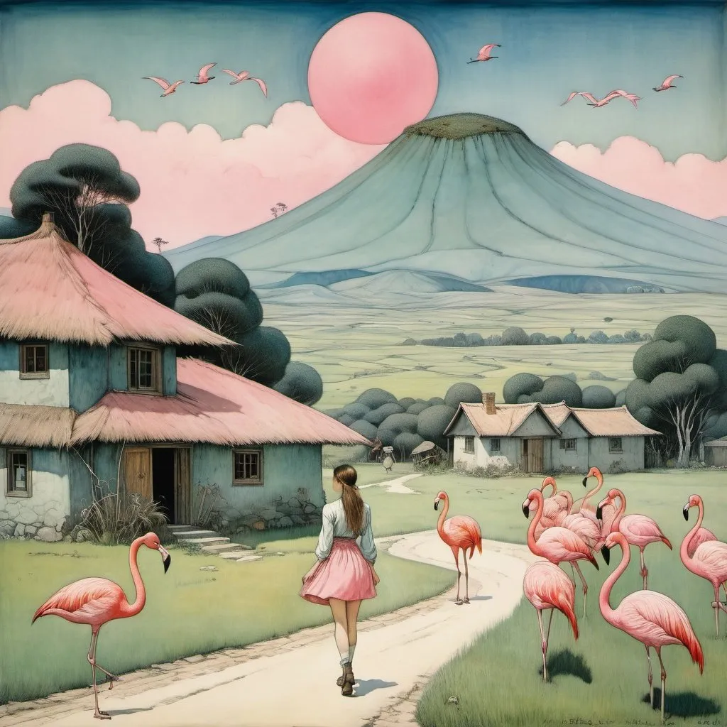 Prompt: Arthur Rackham, William (Wasy) Kurelek, Surreal, mysterious, bizarre, fantastical, fantasy, sci-fi, Japanese anime, Baobab house on the prairie, smoke from the chimney, faint blue-green mountains in the distance, a beautiful girl in a miniskirt walking towards the house, perfect voluminous body, a flock of pink flamingos, detailed masterpiece 