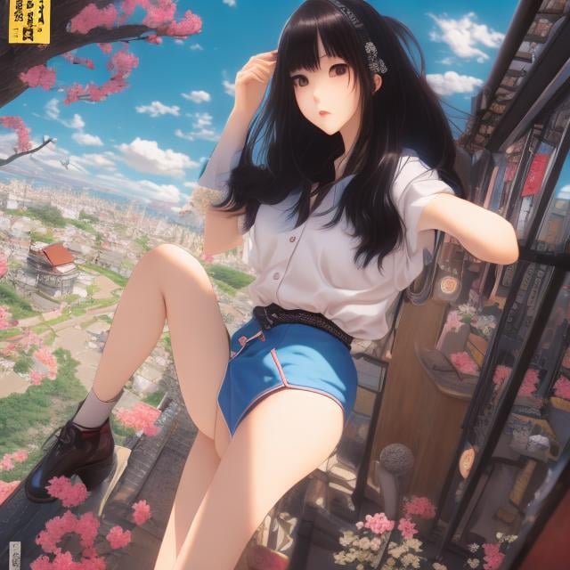 Prompt: Takeo Takei, Kiichi Okamoto, Hiroshi masumura, Surreal, mysterious, strange, fantastic, fantasy, Sci-fi, Japanese anime, train with a chimney, how to climb a telephone pole, cat rental shop, beautiful girl in a miniskirt, perfect voluminous body, retro, absurdity, detailed masterpiece 