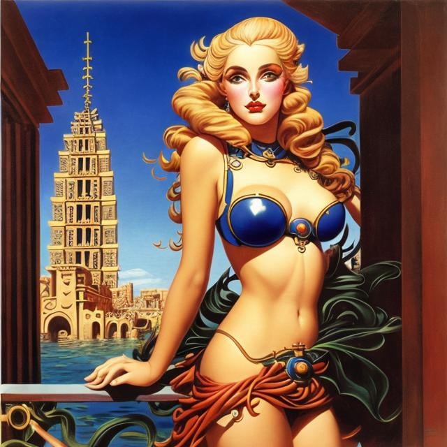 Prompt: Francis Picabia, Terese Nielsen, Surreal, mysterious, strange, fantastical, fantasy, Sci-fi, Japanese anime, Piranesi's Attic, blonde miniskirt beautiful girl Alice, perfect voluminous body, detailed masterpiece 