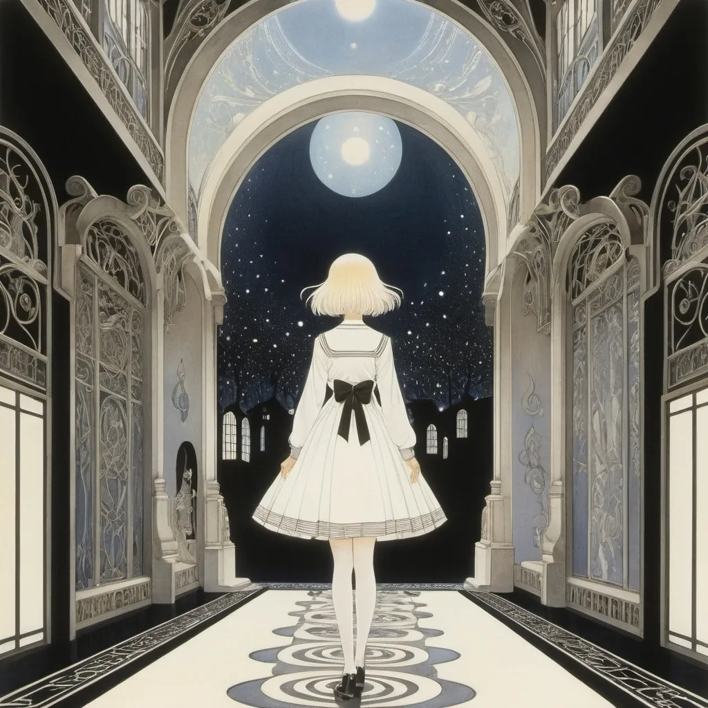 Prompt: Kay Nielsen, Alexandra Gallagher, Anne Anderson, Chiho Saito, Dorothy P. Lathrop, Surrealism, wonder, strange, bizarre, fantasy, Sci-fi, Japanese anime, corridor of sight, development of visual instruments, depth of the world, miniskirt beautiful high school girl, perfect voluminous body, detailed masterpiece 