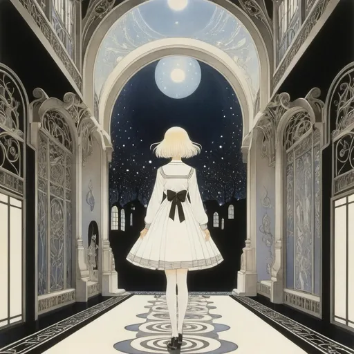 Prompt: Kay Nielsen, Alexandra Gallagher, Anne Anderson, Chiho Saito, Dorothy P. Lathrop, Surrealism, wonder, strange, bizarre, fantasy, Sci-fi, Japanese anime, corridor of sight, development of visual instruments, depth of the world, miniskirt beautiful high school girl, perfect voluminous body, detailed masterpiece 