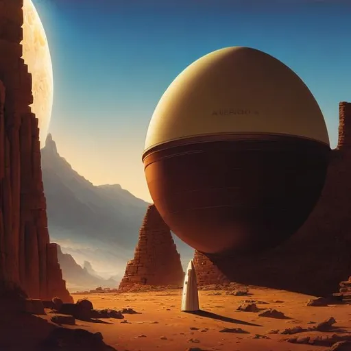 Prompt: Gary A. Lippincott, Abraham Sharp, Michael Kaluta, Surreal, mysterious, bizarre, fantastical, fantasy, Sci-fi, Japanese anime, giant egg on Mars, expedition, beautiful girl in a space suit, ancient ruins on an alien planet, detailed masterpiece 