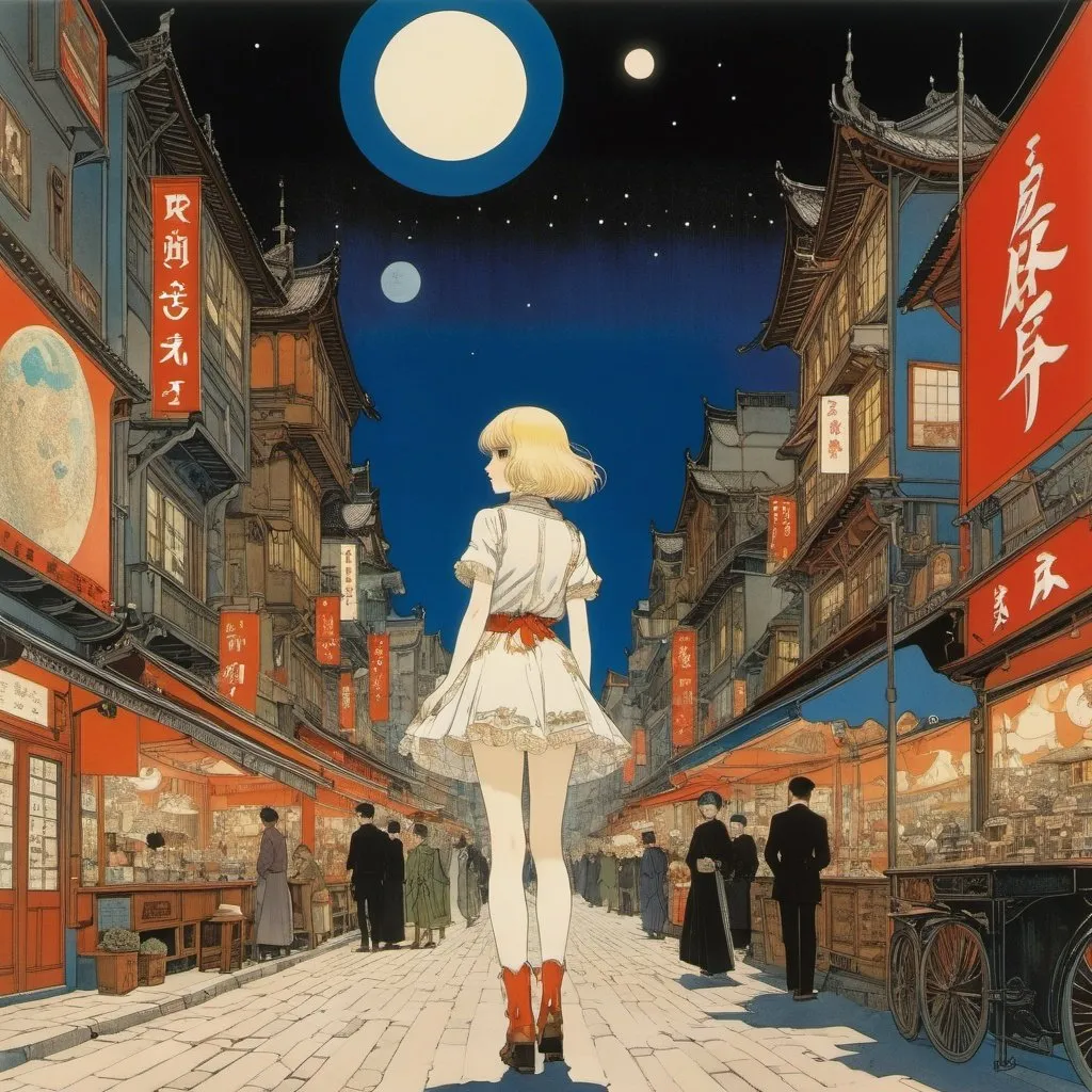 Prompt: Harry Clarke, Gerhard Gepp, Raphael Kirchner, katsuhiro Otomo, Surrealism, wonder, strange, bizarre, fantasy, Sci-fi, Japanese anime, Mars setting at night, coffee, the town where the blonde miniskirt beautiful girl Alice lives, perfect voluminous body, detailed masterpiece 