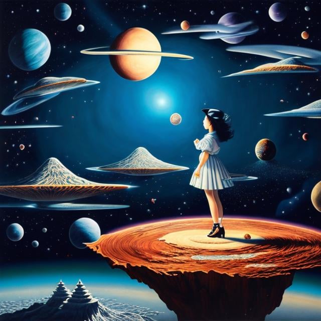 Prompt: Kiichi Okamoto, Rob Gonsalves, Surreal, mysterious, bizarre, fantastical, fantasy, Sci-fi, Japanese anime, the universe on paper, visualization and three-dimensionalization, cross-sectional view, planets, beautiful girl in a miniskirt riding a comet, perfect voluminous body, how far you have to go for tea time, detailed mas