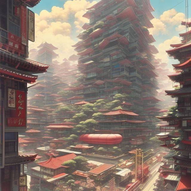 Prompt: Japanese style, Masamune Shirow, Katsuhiro Otomo, Japanese Anime, surreal, mysterious, strange, fantastical, fantasy, sci-fi fantasy, a giant pudding parfait as tall as a building, and a high school girl in a miniskirt climbing into the parfait using a ladder.