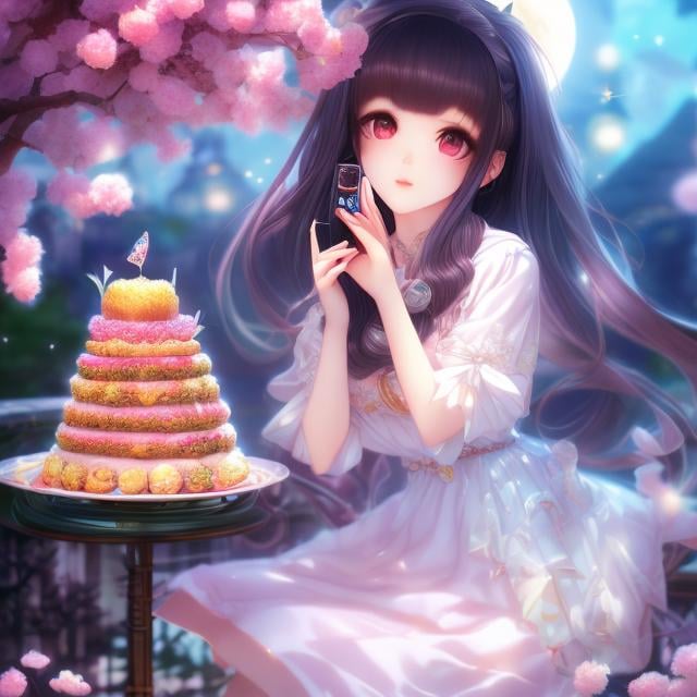 Prompt: Basia Tran, Japanese Anime, Surreal Mysterious Weird Fantastic Fantasy Sci-Fi, Cafe, Moon Eating Parfait, The Moon also likes sweets, detailed, high resolution definition best quality masterpiece 