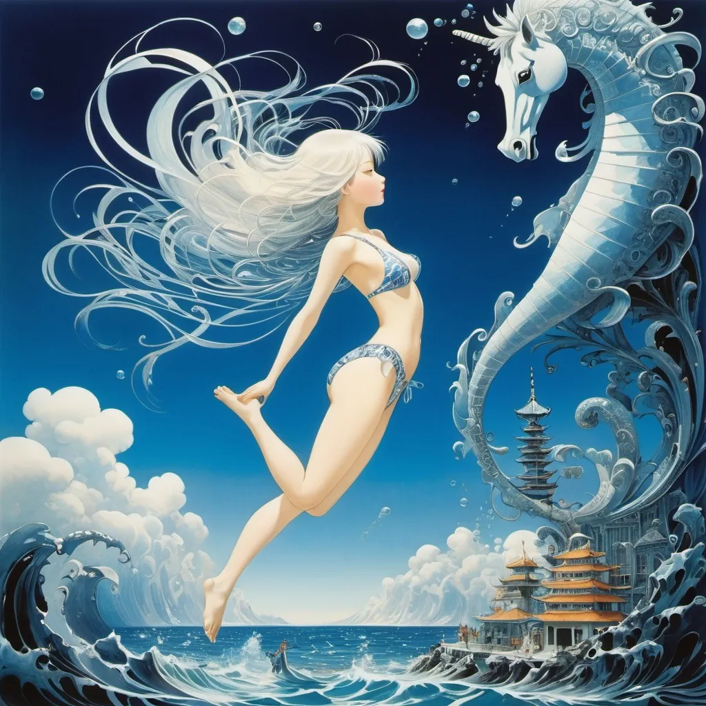 Prompt: Zdzisław Witwicki, Kay Nielsen, Bożena Truchanowska, Yuko Higuchi, Tatsuro Kiuchi, Taiyō Matsumoto, Surrealism Mysterious Strange Fantastic Fantasy Sci-Fi, Japanese Anime, A beautiful girl in a school swimsuit who dives in February in search of a seahorse (hippocampus), perfect voluminous body, A skydiver's last thoughts, A large-scale taxi experiment and a rather strange chess match, detailed masterpiece low high angles