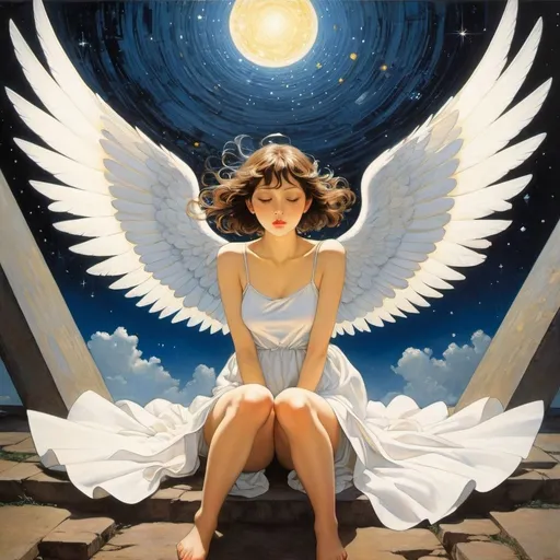 Prompt: Otto Eckmann, Satoshi Kon, Alena Ladová, Esra Røise, František Kupka, Surrealism, mysterious, bizarre, fantastical, fantasy, Sci-fi, Japanese anime, a miniskirt beautiful angel with broken wings and sitting on the ground, perfect voluminous body, looking up at the universe, a starry night, detailed masterpiece angles perspectives 
