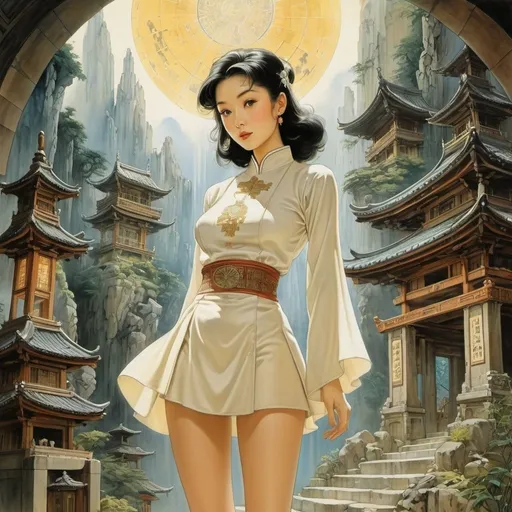 Prompt: Elena Xausa, Anton Pieck, Surrealism, Frank Bellamy, Renato Fratini, Takeo Takei, Mysterious Weird Fantastic Fantasy Sci-Fi, Japanese Anime, Where Heaven and Earth Meet, Miniskirt Beautiful Priest in the Glass Temple, perfect voluminous body, detailed masterpiece 