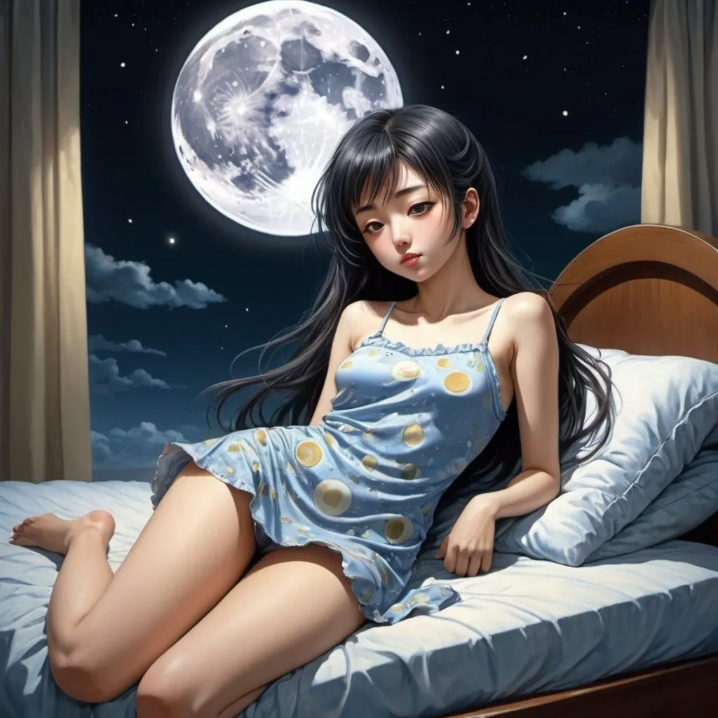 Prompt: P. J. Lynch, Conor Busuttil, Ayano Imai, Surrealism Mysterious Bizarre Fantastic Fantasy Sci-fi, Japanese Anime, Full moon floating on the bed Miniskirt crescent moon The beautiful girl is asleep, in pajama, perfect voluminous body, detailed masterpiece 