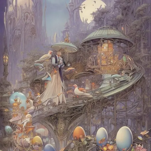 Prompt: Frank Pape, Sylvia von Olfers, Charles Robinson Anime　surreal　wondrous　strange　Whimsical　absurderes　fanciful　Sci-Fi Fantasy　Rolling eggs　Immortal birds　monorail　tea parties