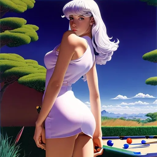 Prompt: Guy Billout, Anne Anderson, Surreal, mysterious, strange, fantastical, fantasy, Sci-fi, Japanese anime, planet billiards, miniskirt beautiful girl, perfect voluminous body, detailed masterpiece 