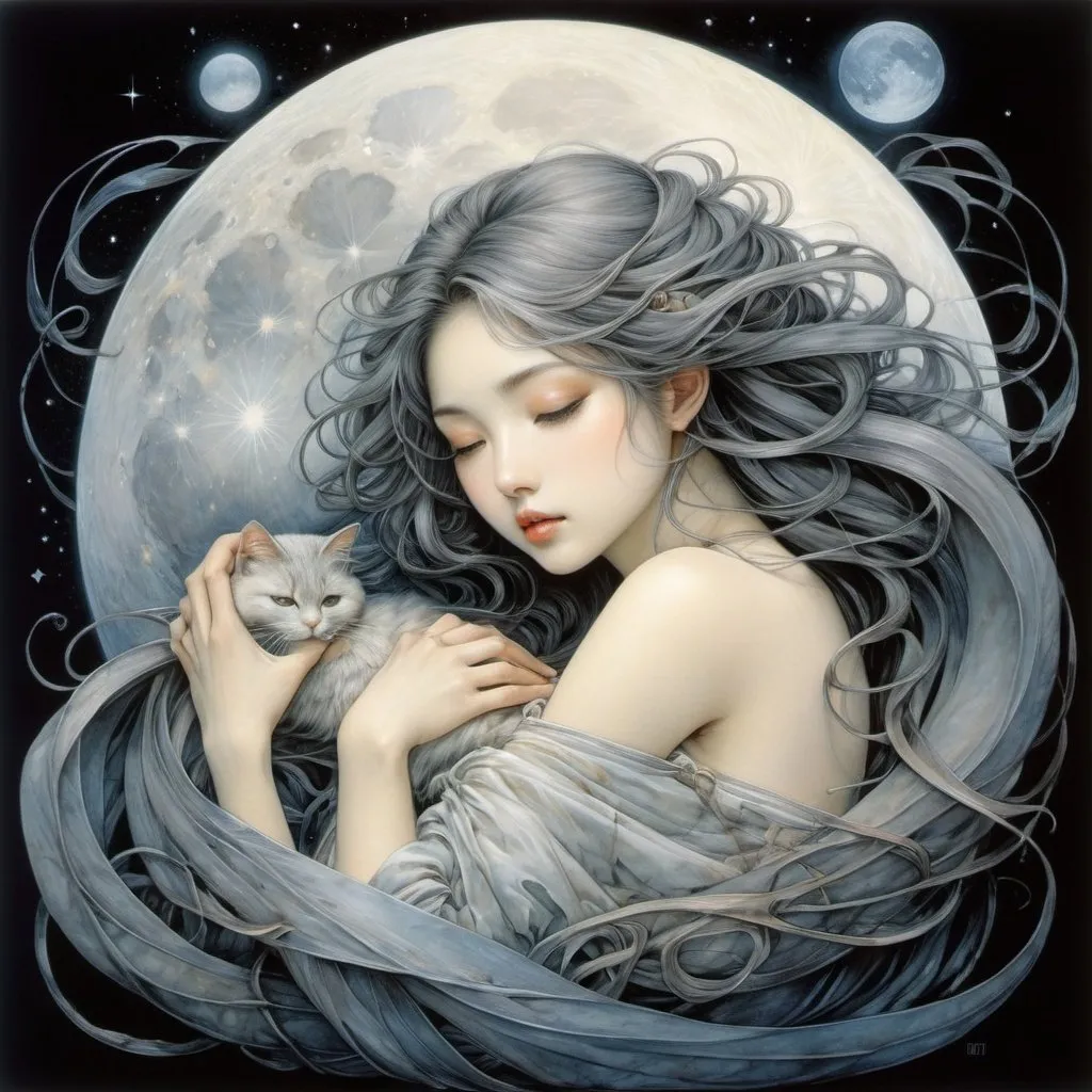 Prompt: Kenji Tsuruta, Brian Froud, Yoshitaka Amano, Surreal, mysterious, strange, fantastical, fantasy, Sci-fi, Japanese anime, beautiful girl curled up like a cat, perfect voluminous body, Balance, full moon, detailed masterpiece hand colour drawings 