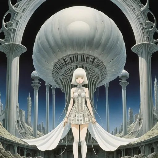 Prompt: Kay Nielsen, Tomoko Konoike, Louis Raemaekers, Akihiko Yoshida, Pat Andrea, Surrealism Mysterious Weird Fantastic Fantasy Sci-Fi, Japanese Anime, Living Structure, Molting from the shell, bone growth Beams, arches, domes, shells, structureing A beautiful high school girl in a miniskirt, perfect voluminous body, detailed masterpiece 