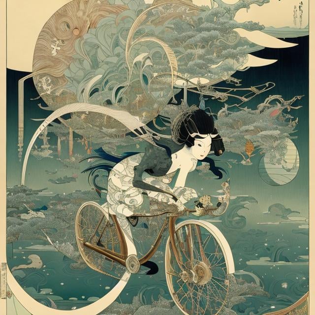 Prompt: Ukiyo-e style　Frank Pape, Kay Nielsen, Milo Winter, animesque　surreal　wondrous　strange　Whimsical　absurderes　fanciful　Sci-Fi Fantasy　Curvilinear perspective　Bit geometry　Bird feathers　　Rough diamonds　Star Rainbow　bicycle