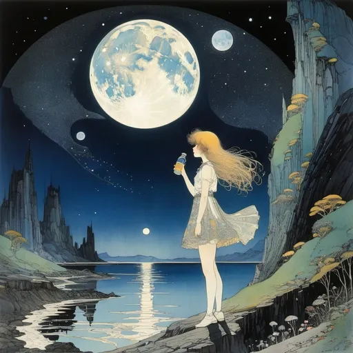 Prompt: Harry Clarke, Virgil Finley, Anton Pieck, John Bauer, Shigeru Tamura, Surrealism, strange, bizarre, fantastical, fantasy, sci-fi, Japanese anime, beautiful high school girl in a miniskirt drinking bottled moonlight, perfect voluminous body, riverbed in the galaxy, watching the space whale leap, detailed masterpiece 