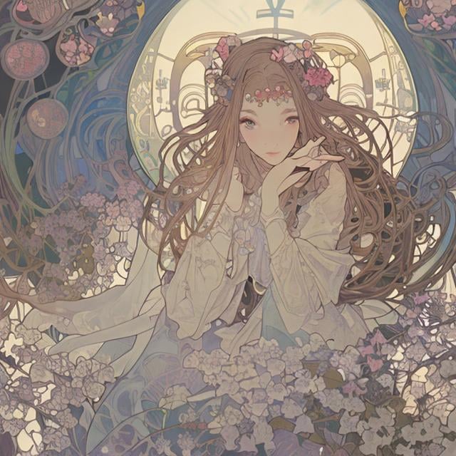 Prompt: Anne Anderson, Adrienne Segur, Alphonse Mucha　Japanese anime Sci-Fi Fantasy　Floating bed　teens girl　european castles　spring season hyperdetailed high resolution high definition high quality masterpiece