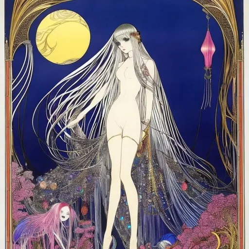 Prompt: Harry Clarke, George Barbier, Surreal mysterious strange fantasy SCI-Fi, Japanese Anime, Glass jellyfish jellyfish Full moon in the daytime. miniskirt beautiful girl high school girl walking with a cat, perfect voluminous body, detailed masterpiece 