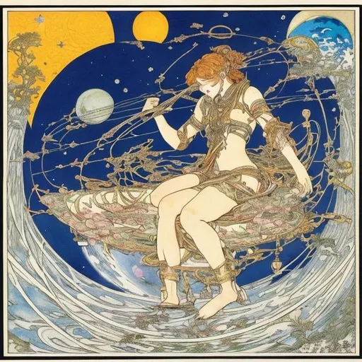 Prompt: Walter Crane, Sulamith Wülfing　Japanese anime Sci-fi Fantasy Girl Sleeps in Satellite Orbit, moon earth