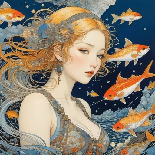 Prompt: Walter Crane, Harry Clarke, Katsuya Terada, Naoyuki Kato, Adrienne Segur, Surrealism, wonder, strange, bizarre, fantasy, Sci-fi, Japanese anime, beads of lightning, school of fishes, the ocean within the earth, electrical, underground world, beautiful girl, perfect voluminous body, detailed masterpiece 