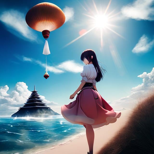 Prompt: Rébecca Dautremer, Keiko Takemiya, Surreal, mysterious, strange, fantastical, fantasy, Sci-fi, Japanese anime, fisherman in the air, decomposing sun, sea desert, miniskirt beautiful girl, perfect voluminous body, detailed MAs 