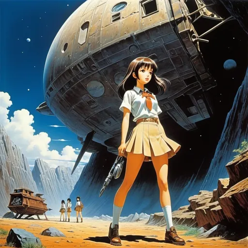 Prompt: Walter Valentini, Wilhelm Kotarbiński, Fujishima Takeji, Natsuki Takaya, Jean Giraud, Surrealism, Mysterious, Bizarre, Outlandish, Fantasy, Sci-Fi, Japanese Anime, Beautiful high school girl in a miniskirt who excavates the fossil of a giant wooden spaceship in the lunar wilderness, perfect voluminous body, detailed masterpiece 