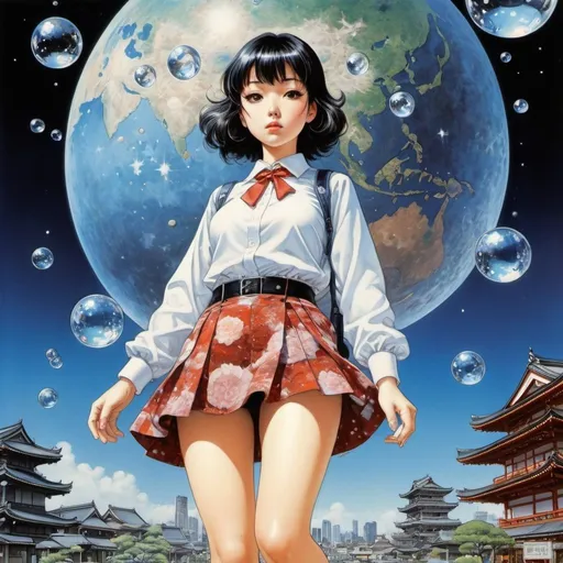 Prompt: Líviusz Gyulai, Endre Szász, Katsuhiro Otomo, yoshitaka amano, Kate Seredy, Kiichi Okamoto, Surrealism, strange, bizarre, fantastical, fantasy, Sci-fi, Japanese anime, starry crystal planet model, falling liquid diamonds, traveling miniskirt beautiful high school girl, perfect voluminous body, Meiji era Tokyo, detailed masterpiece low high angles zoom in 