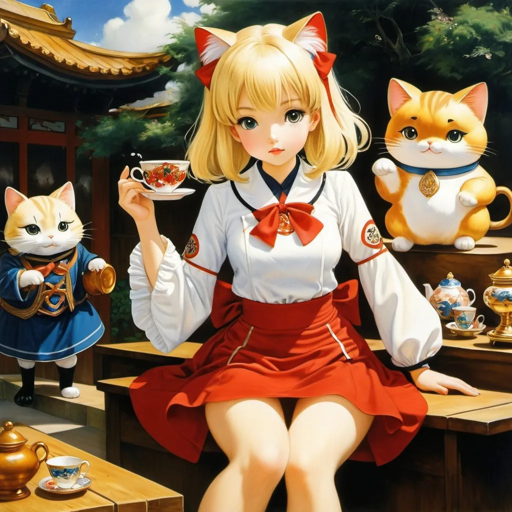 Prompt: Anatol Petrytsky, Anne Anderson, Lev Tokmakov, Margaret Tarrant, Yu Watase, Surrealism, Mysterious, Strange, Outlandish, Fantasy, Sci-fi, Japanese Anime, Maneki Neko and Alice, a beautiful blonde miniskirt girl, perfect voluminous body, Crossroads of Fate, Where is the Tea Party?, detailed masterpiece 