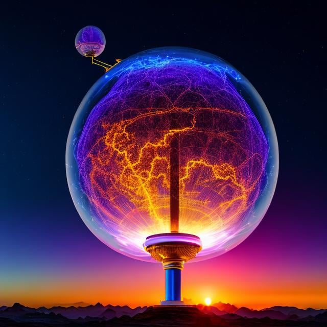 Prompt: Surreal, mysterious, bizarre, fantastical, fantasy, Sci-fi fantasy, anime, blueprint of future technology, ultra-high frequency/ultra-high voltage alternating current experiment, world system, electric phenomenon in vacuum, earth is the largest spherical capacitor (electricity storage), Tesla coil, Detailed masterpiece 