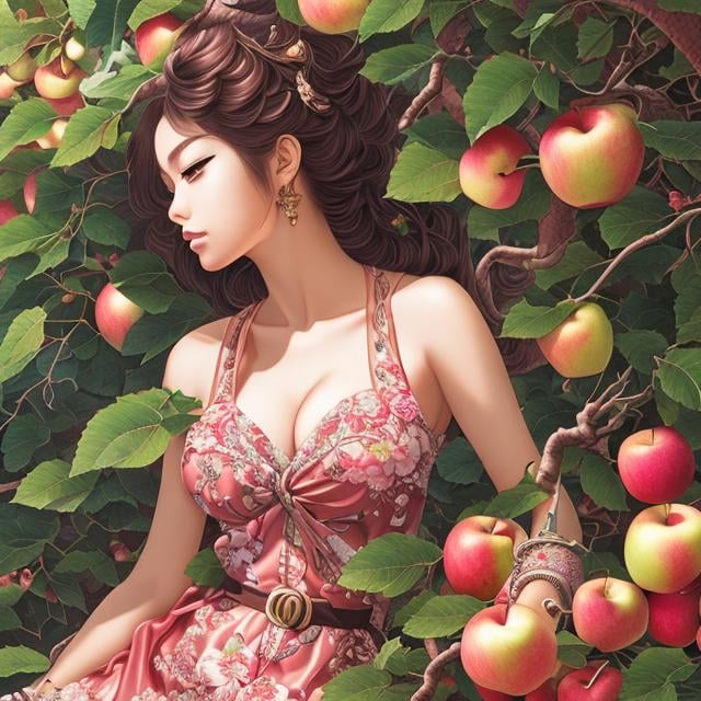 Prompt: Sydney Sime, Japanese anime, Katsuhiro Otomo, manga lines, Eve, low cut dress voluminous chest, apple Tree, holding an apple, huge snake, hyperdetailed, realistic, high resolution, high quality, high definition, masterpiece 