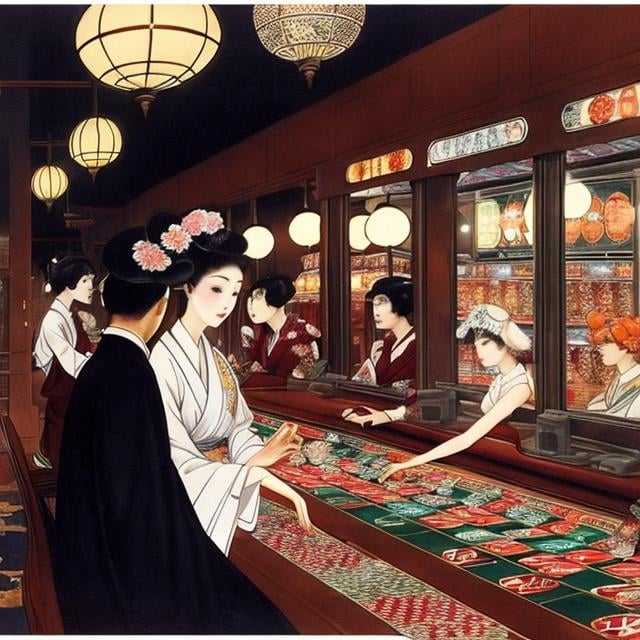 Prompt: Dorothy P. Lathrop, Shirley Barber, Surreal, mysterious, strange, fantastical, fantasy, Sci-fi, Japanese anime, maiden's gambling parlor, life is at stake, beautiful girl in kimono with exposed shoulders, customers are robots, Martians, cat husbands, detailed masterpiece 