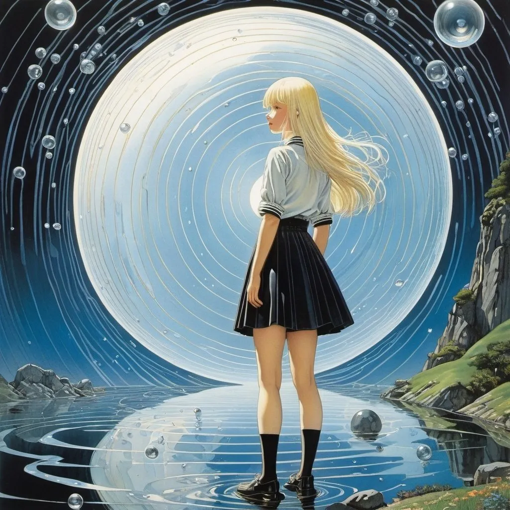 Prompt: Kay Nielsen, James Barkley, Duane Bryers, Mikuláš Medek, Aurélie Neyret, Surrealism, wonder, strange, bizarre, fantasy, Sci-fi, Japanese anime, rain, ripples, contour lines, spheres, Age of Discovery, lakeside cartography, metal peephole, miniskirt beautiful high school girl, perfect voluminous body, detailed masterpiece 