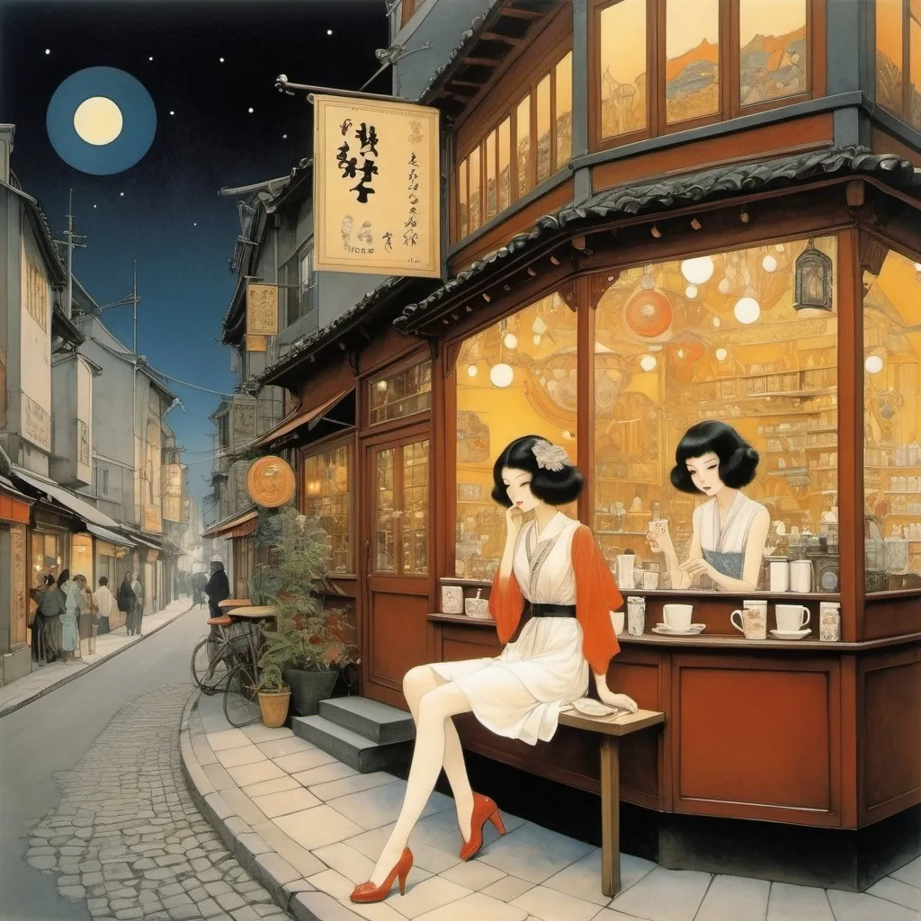 Prompt: Naoko Takeuchi, Raphael Kirchner, Leonora Carrington, Liz Danforth, Reginald Knowles full colours, Surrealism, strange, bizarre, fantastical, fantasy, Sci-fi, Japanese anime, optical devices, lenses, and reflectors that collect moonlight to boil coffee, midnight coffee shop, miniskirt beautiful barista, sleeping street corner, perfect voluminous body, detailed masterpiece 