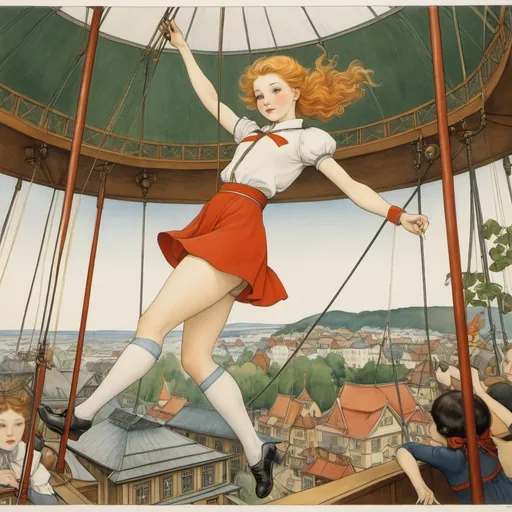 Prompt: Elsa Beskow, Daniel Nelson, Paloma Valdivia, Junaida, Ville Tietäväinen, Surrealism, wonder, strange, bizarre, fantasy, Sci-fi, Japanese anime, railroads, cities, money, empire, cat circus, miniskirt beautiful high school girl on a trapeze, perfect voluminous body, detailed masterpiece 