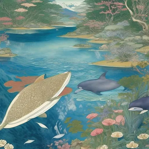 Prompt: Walter Crane, Koyoharu Gotouge, Mysterious, strange, surreal, bizarre, fantasy, Sci-fi, Japanese anime, Whale in a goldfish bowl, Alice, a beautiful blonde miniskirt girl talking to a whale, perfect voluminous body, detailed masterpiece 