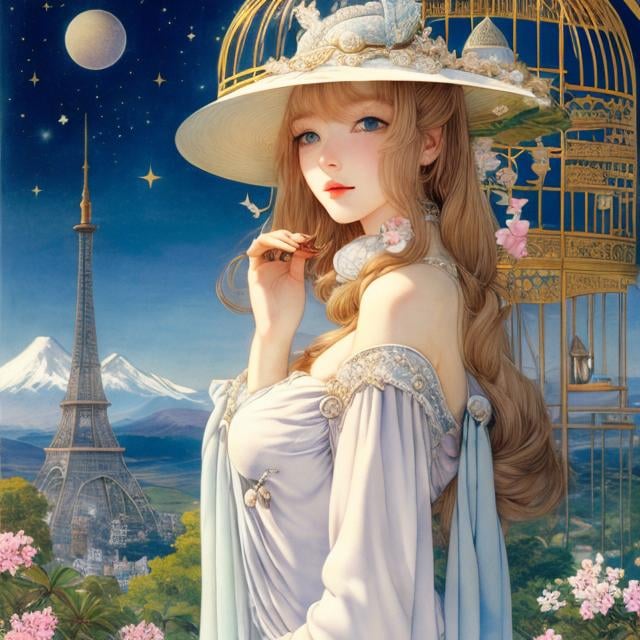 Prompt: Anne Anderson, Walter Crane, Hiroshi Masumura, Surreal, mysterious, strange, fantastical, fantasy, sci-fi, Japanese anime, a miniskirt beautiful girl who keeps a star, inside a birdcage, perfect voluminous body, fishing for a star in the night sky, detailed masterpiece 