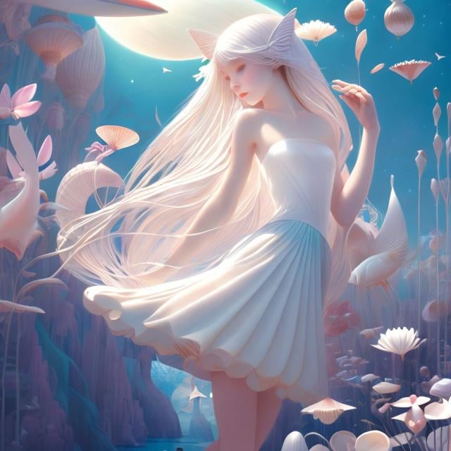 Prompt: Charles Robinson, Inka Essenhigh, Surreal, mysterious, bizarre, fantastical, fantasy, Sci-fi, Japanese anime, play philosophy natural history, everything is playful, angels, shells, architectural mythological iconology, beautiful blonde miniskirt girl Alice, perfect voluminous body, detailed masterpiece 