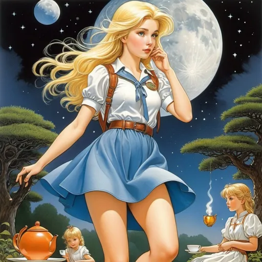 Prompt: Larry Elmore, Fanny Cory, Chris Mould full colours, Elsa Beskow, Surrealism Mysterious Weird Fantastic Fantasy Sci-fi, Japanese Anime, beautiful blonde miniskirt girl Alice who fell from the moon, perfect voluminous body, dynamic poses, Time of free fall, Looking for a tea party, detailed masterpiece 