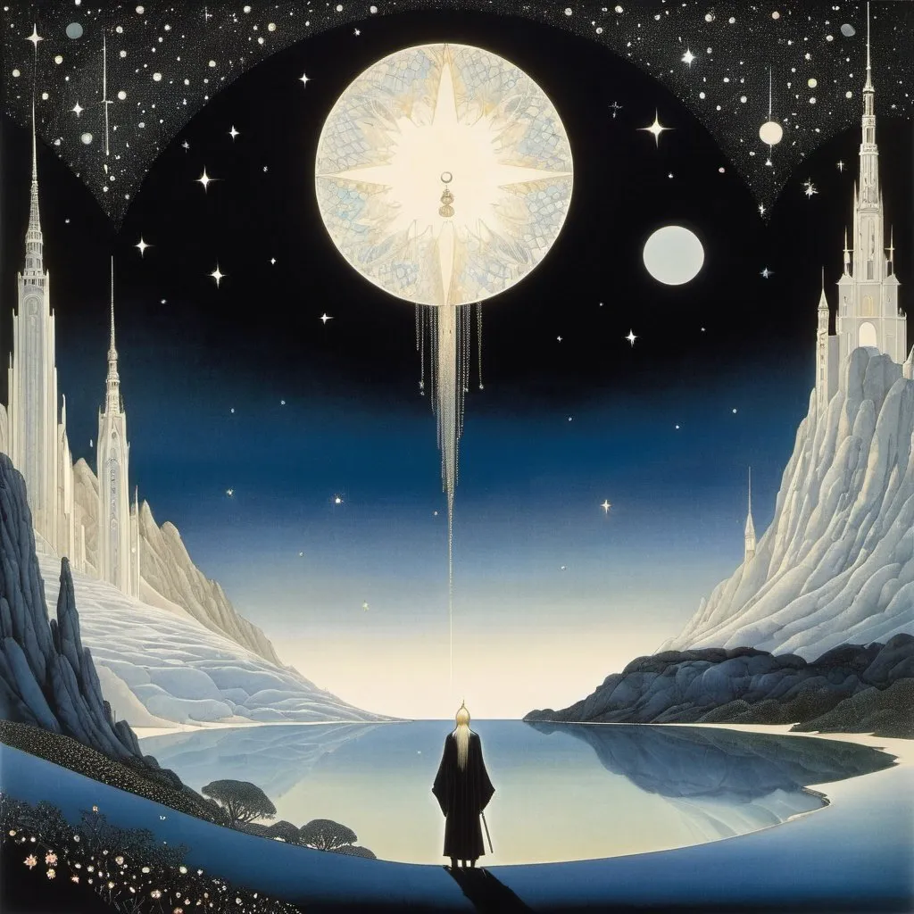 Prompt: Kay Nielsen, Patrick Woodroffe, Surreal, mysterious, strange, fantastical, fantasy, sci-fi, Japanese anime, I knew before I reached out that your hand would be waiting for me, I knew it even before I touched it, and when I touched it, I realized how big it was, The night's dream of grabbing a star feels strangely real, While I remember the words I couldn't say, you're already swimming in the next sky, detailed masterpiece 