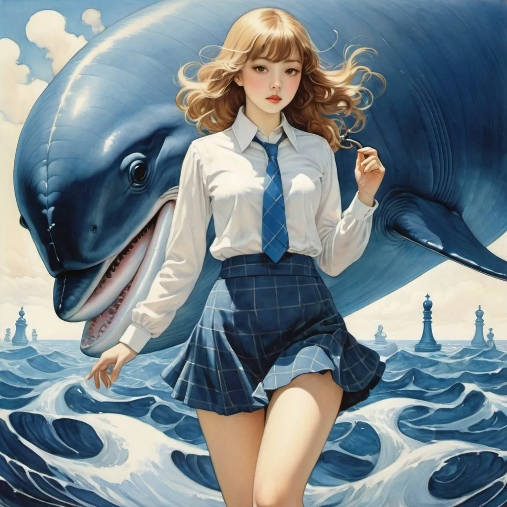 Prompt: Alice Russell Glenny, Bisco Hatori, Giovanni Omiccioli, Edmond Dulac, George Auriol, Surrealism, wonder, bizarre, bizarre, fantasy, Sci-fi, Japanese anime, the vast ocean that spreads across the board, the bones of a blue whale, the fighting chess pieces, the beautiful high school girl in a miniskirt who controls the directions, perfect voluminous body, detailed masterpiece 