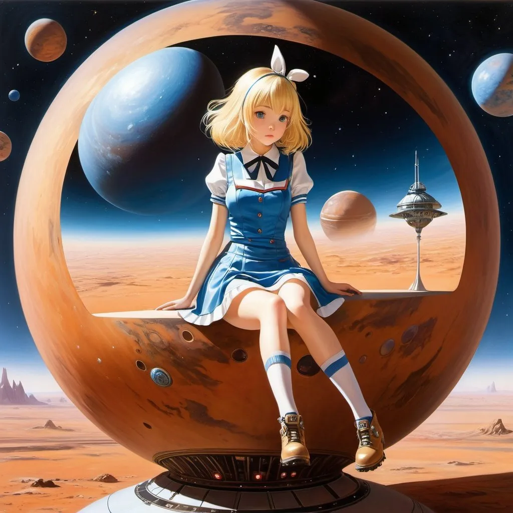 Prompt: Richard Denison Taylor, Yoshiyuki Takani, Surreal, mysterious, strange, fantastical, fantasy, Sci-fi, Japanese anime, beautiful miniskirt blonde girl Alice sitting on a Mars-like sphere deep in her thought, perfect voluminous body, galactic spaceship, detailed masterpiece 