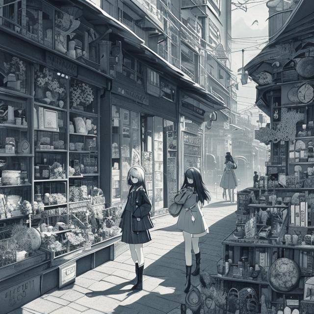 Prompt: Anne Anderson, Beatrix Potter, Nico Delort, hand drawn style Japanese Anime Surreal Mysterious Weird Fantastic Sci-fi Fantasy Urban Beast Hunting, Fossil Shop, Street Observation, Miniskirt High School Girl, full colour