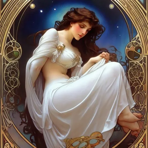 Prompt: Alphonse Mucha, Julie Bell, Surreal, mysterious, strange, fantastical, fantasy, Sci-fi fantasy, anime, ancient pi, the world of beautiful and mysterious spheres, Kepler's prediction, beautiful girl, perfect body, Steinmetz's solidity, immobile bodies and breathing machine, detailed masterpiece 