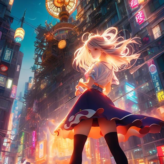 Prompt: Yoshio shimizu, tomokazu matsuyama, Surreal, mysterious, bizarre, fantastic, fantasy, Sci-fi, Japanese anime, wire-worked giant, clock-headed man, blonde miniskirt beautiful girl Alice watching over men, tower falling apart, hyper detailed masterpiece, action scenes, depth of field cinematic lighting 