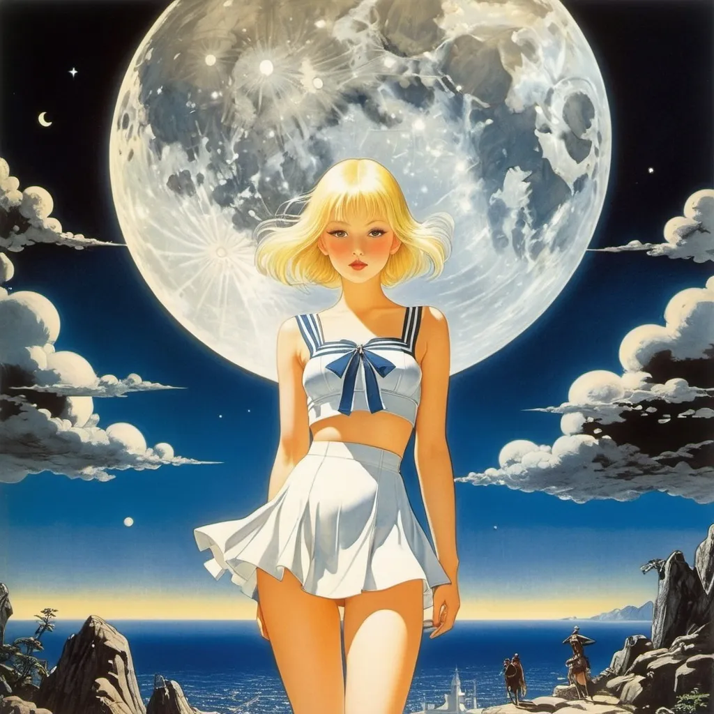 Prompt: Kay Nielsen, Yoshinori Kanada, Hidefumi Kimura, Mstislav Dobuzhinski, Virgil Finlay, Surrealism, Mysterious, Weird, Outlandish, Fantasy, Sci-Fi, Japanese Anime, The Moon on Vacation, While Yesterday's Sunlight Still Remains, a beautiful blonde miniskirt girl Alice, perfect volu body, crosses the darkness on a plane, detailed masterpiece 