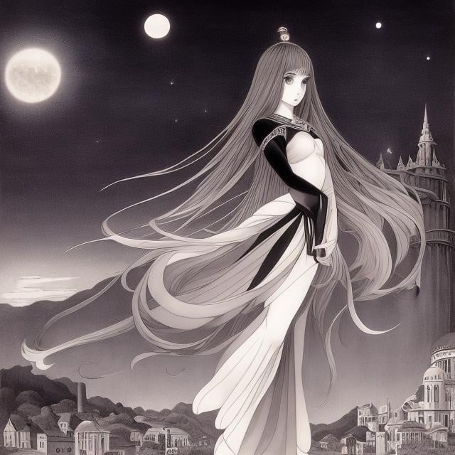 Prompt: Charles Robinson, Tarsila Krüse, Surreal, mysterious, strange, fantastical, fantasy, Sci-fi, Japanese anime, crescent moon at dusk on Halloween, trick or treat, miniskirt beautiful high school girl, perfect voluminous body, taming a dragon, detailed masterpiece, in full colour 