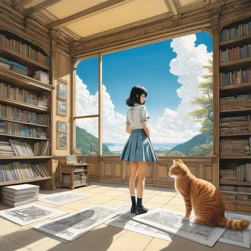 Prompt: Chiho Saito, Petri Hiltunen full colours, Antoine Laurent Thomas Vaudoyer, Dennis Crompton drawing, Mikhail Belov, Surrealism, mysterious, strange, fantastical, fantasy, Sci-fi, Japanese anime, mini-skirt beautiful high school girl and cat strolling through inside paper architectural drawings, perfect voluminous body, blueprints, cross-sections, discovery and evolution of perspective, stone, metal, glass, detailed masterpiece fine lines three dimensional perspectives