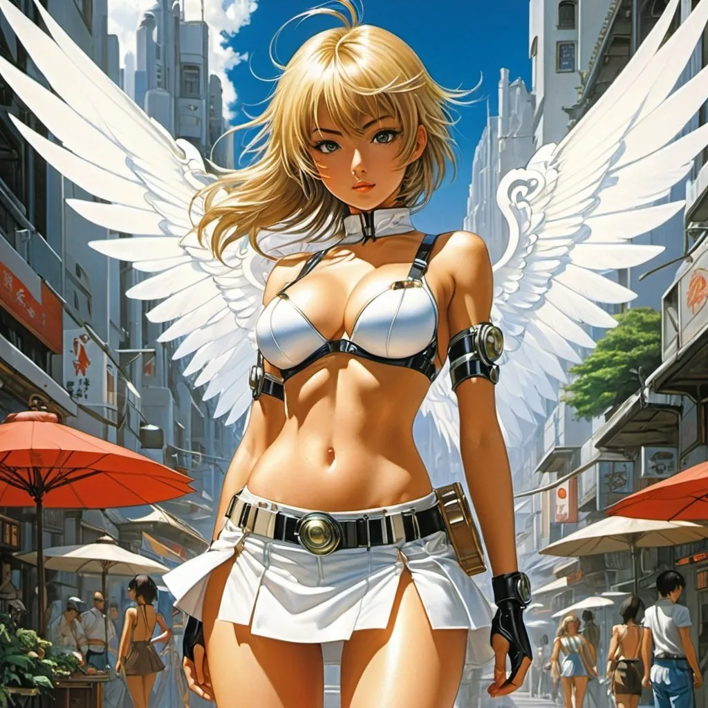 Prompt: Paul Neary, Miroslav Šašek, Lachlan Creagh, Ondřej Sekora, Else Wenz-Vietor, Jordan Lewerissa, Masamune Shirow, Surrealism Mysterious Weird Fantastic Fantasy Sci-fi, Japanese Anime, Miniskirt Machine Beautiful Girl's Wings and Summer Morning, perfect voluminous body, detailed masterpiece 